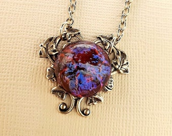 Fire Opal Necklace Heart Style Dragons Breath Round Silver Flower Floral Setting Fantasy Sci Fi Romance EA146