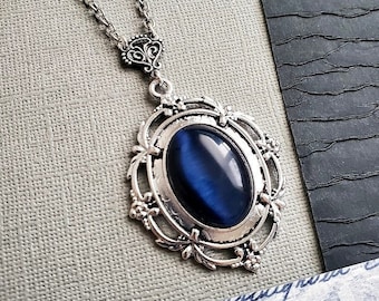 Dark Blue Opal Victorian Pendant Necklace Rich Cats Eye Stone Ocean Bottom Titanic EA734