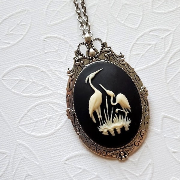 Bird Necklace Brooch Pin Stork Cameo Vintage Style Fancy Bold Statement Queen Elegant Nature Wildlife Animal Jewelry EA220