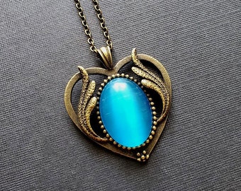 Aquamarine Heart Necklace | Cats Eye Blue Opal Antique Bronze Pendant | Glass Stone Jewelry