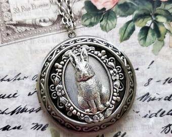 Large Bunny Rabbit Locket Necklace ~ Silver ~ Pill Box ~ Trinket Purse ~ Coin Holder EA772