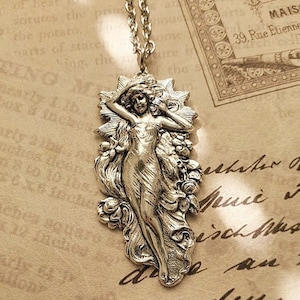 Mother Of Fairy Maiden Goddess Woman Flourishing Flowers Pendant Necklace - Art Nouveau - Romantic - Greek Angel Lady  EA776