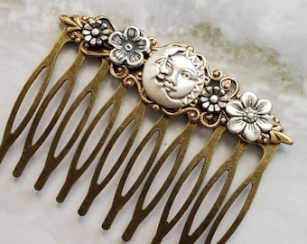 Moon Haircomb | Fantasy Sun Accessory | Antique Style Comb | Flower Hairpiece | Vintage Look Hair Pin | Man in the Moon | Celestial Gift