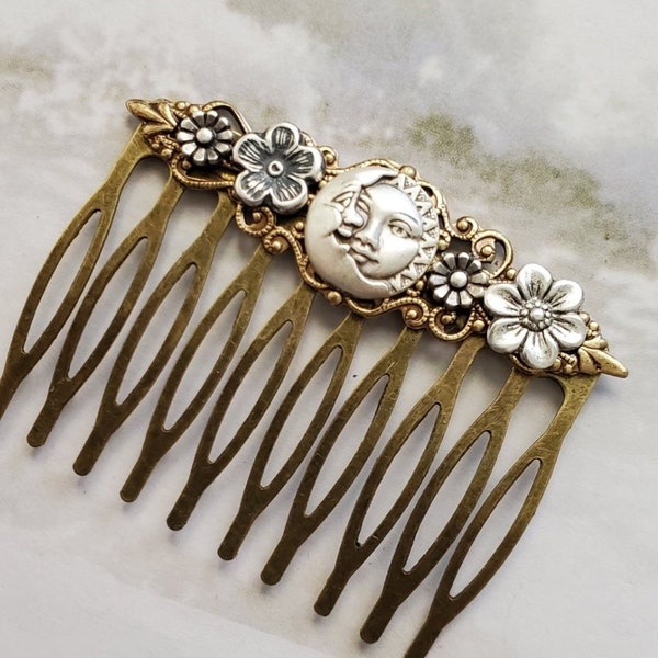 Moon Haircomb | Fantasy Sun Accessory | Antique Style Comb | Flower Hairpiece | Vintage Look Hair Pin | Man in the Moon | Celestial Gift