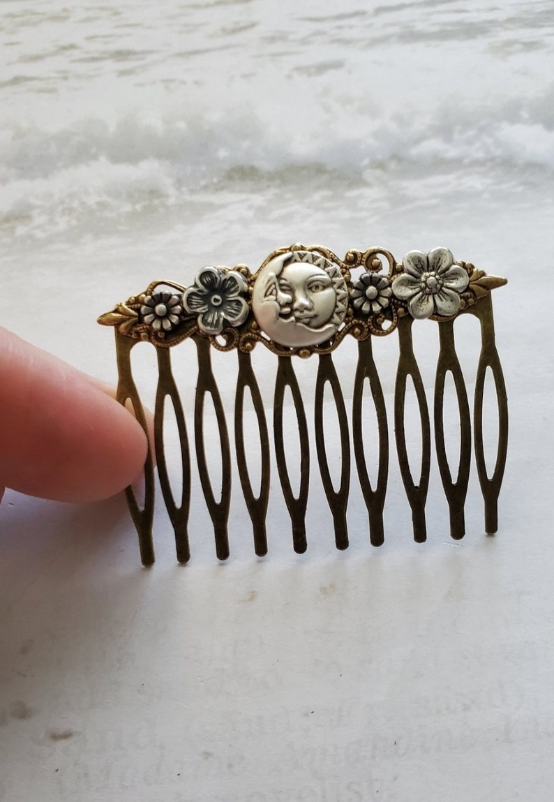 Moon Haircomb Fantasy Sun Accessory Antique Style Comb Flower Hairpiece Vintage Look Hair Pin Man in the Moon Celestial Gift image 2