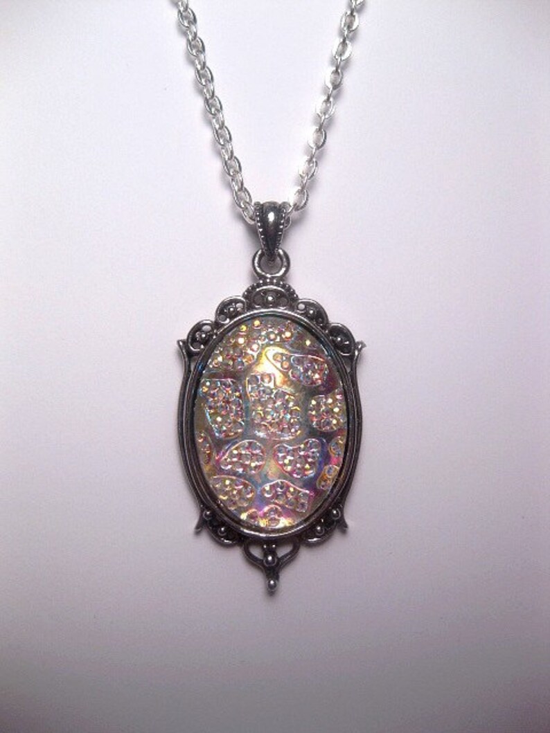 Silver Frame Iridescent Multi Colorful Cabochon Pendant Etsy