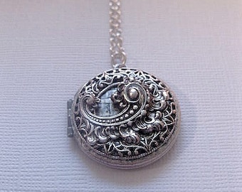 Fancy Silver Locket Necklace - Lace Locket - Design Locket - Custom Chain Length - Christmas Gift
