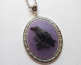 Black Raven Necklace Purple Cameo Crow Bird Animal Nature Pendant EA712