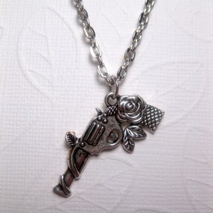 Flower Gun Necklace Silver Long Or Short Chain Floral Charm Pistol Police Military EA254 image 1