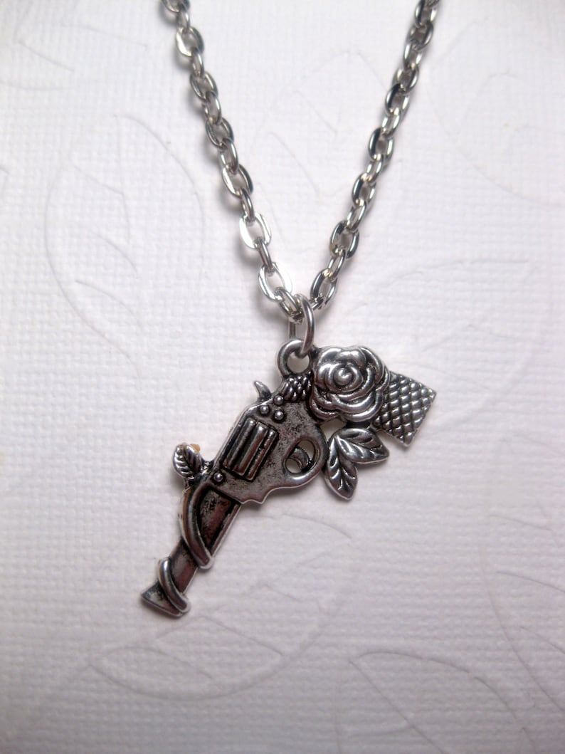 Flower Gun Necklace Silver Long Or Short Chain Floral Charm Pistol Police Military EA254 image 1