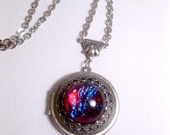 Fire Opal Necklace - Dragons Breath Locket - Keepsake - Picture Photo - Statement Pendant - Maroon - Mystic Christmas Gift