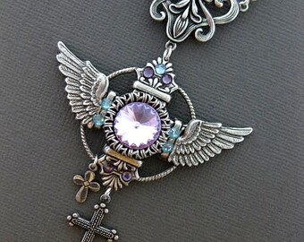 Angel Wings Crystal Necklace With Cross ~ Cross Necklace ~ Gothic Necklace ~ Fantasy Necklace ~ Purple