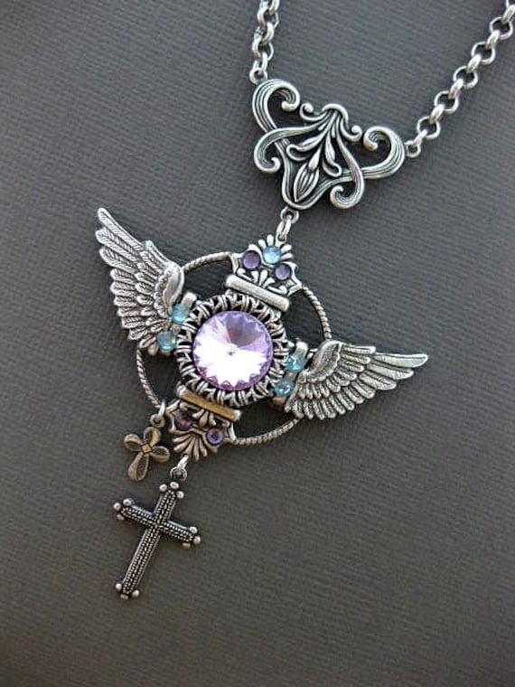 Angel Wings Crystal Necklace With Cross Cross Necklace Gothic Necklace Fantasy Necklace Purple Etsy UK
