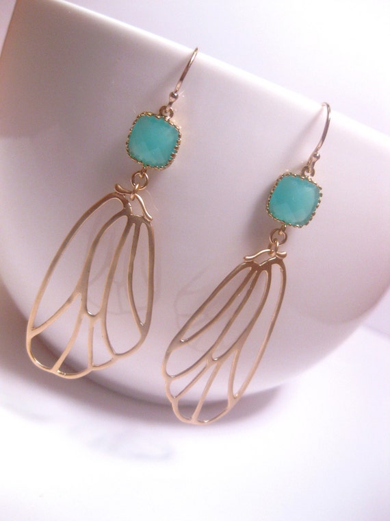 Turquoise Drop Butter Flutter Butterfly Wing Earrings With 14k