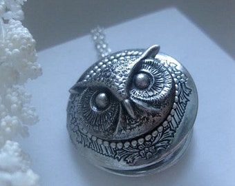 Owl Locket - Jewelry - Owl Necklace - Silver Locket - Photo Locket - Custom Length