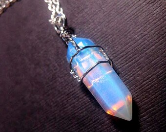 Point Necklace - Opalite - Opal - Wire Wrapped - Crystal Necklace - Healing Crystal - Moonstone - Pendant - Christmas Gift
