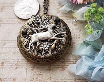 Large Locket Necklace Animal Deer Forest Thistle Flower Bronze Brass Jewelry Art Design Vintage Style EA848