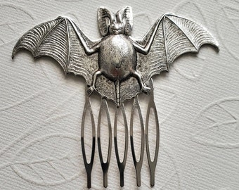 Zilveren vleermuishaarkam | Gotische haaraccessoires | Griezelige kapsels | Halloween-steampunkhaarkam