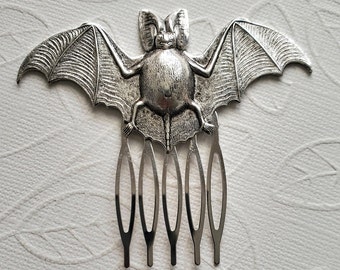 Silver Bat Haircomb | Gothic Hair Accessories | Spooky Hair Styles | Halloween Steampunk Hair Comb