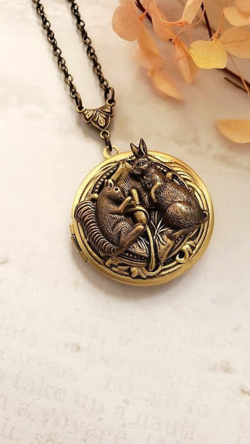 Rabbit Locket | Squirrel Bunny Necklace | Round Brass Pendant ...