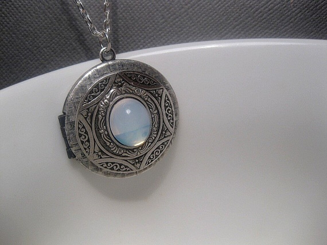 Locket Blue Opal Necklace Opal Locket Cabochon Locket Etsy