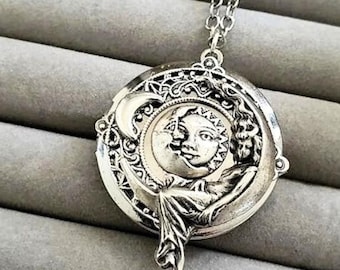 Moon face Locket | Silver Necklace | Crescent Jewelry | Celestial Sun Pendant | Galaxy Luna Jewelry | Vintage Style | Sitting on the Moon