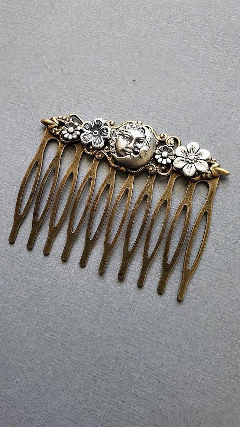 Moon Haircomb Fantasy Sun Accessory Antique Style Comb Flower Hairpiece Vintage Look Hair Pin Man in the Moon Celestial Gift image 8