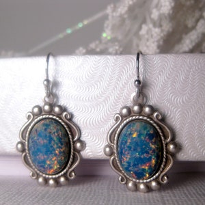 Opal Earrings Blue Silver Dangle Drop Fancy Victorian Style image 4