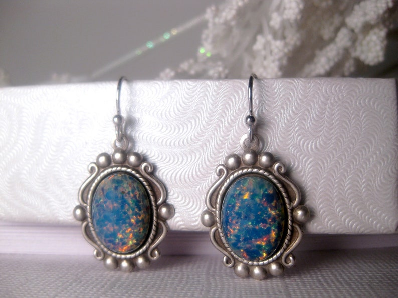 Opal Earrings Blue Silver Dangle Drop Fancy Victorian Style image 4