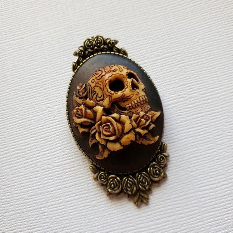Sugar Skull Cameo Brooch Pin Brass Large Flower Skeleton Etsy