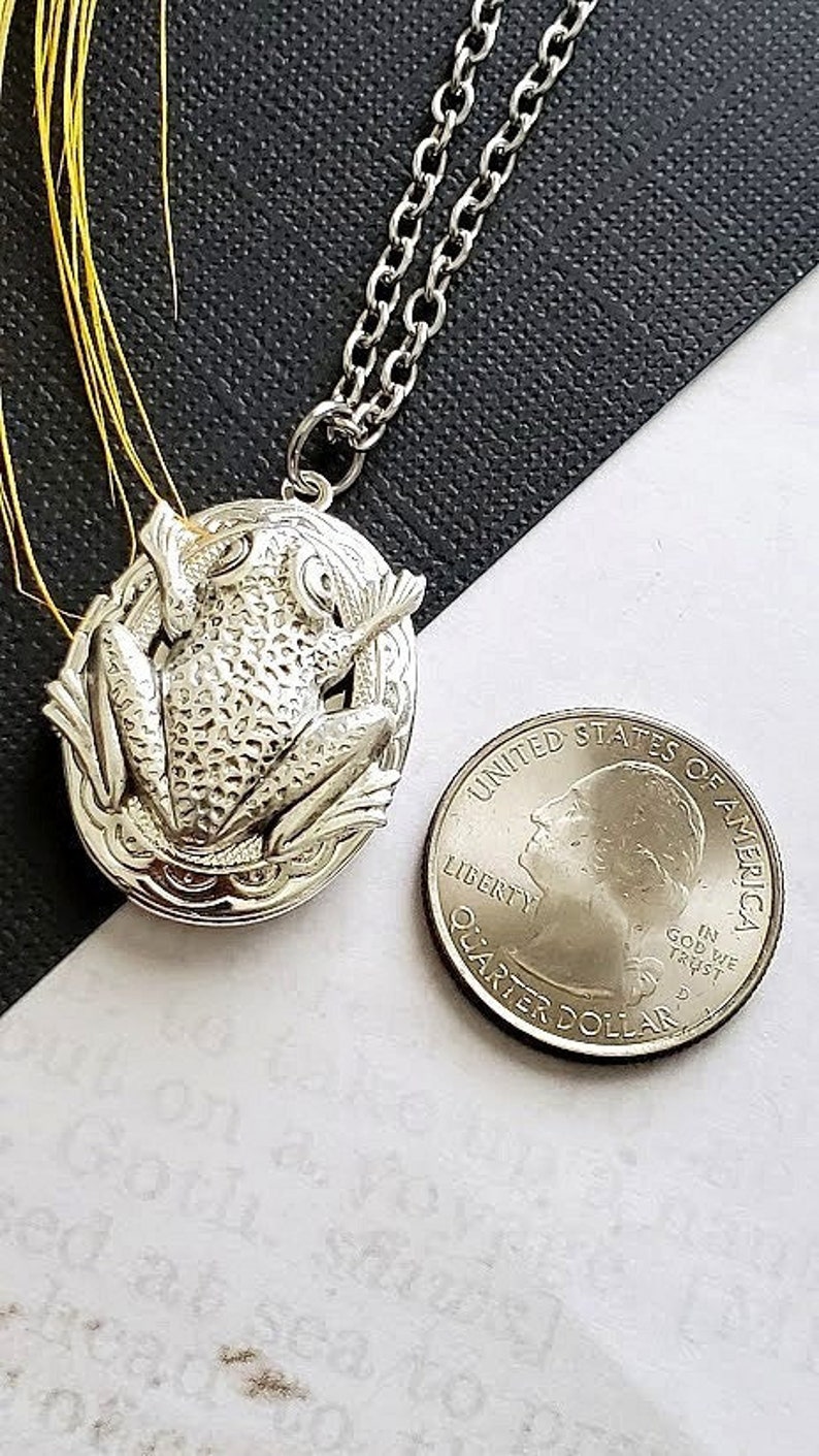 Silver Oval Locket Frog Necklace Animal Pendant Wetland Leaf Picture Hold Jewelry Charming Emerald Cute Toad Locket Large Oval image 5