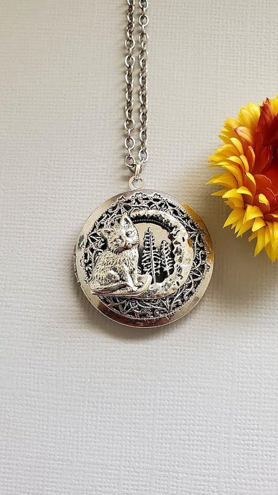 Cat Nature Locket Kitty Cat Necklace Pine Tree Jewelry Sterling Silver Half Moon Animal Necklace Pet Lovers Gift Ideas
