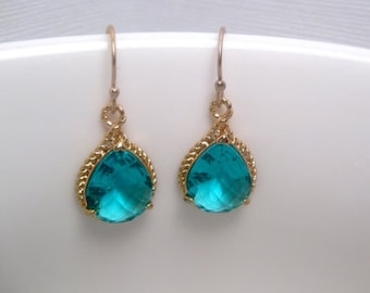 Aqua Earrings - Crystal - Turquoise - Rope Earrings - Gold And Turquoise -  With 14k Gold