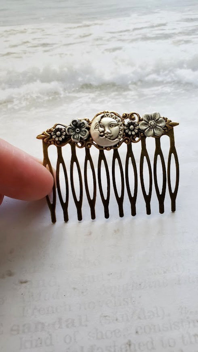 Moon Haircomb Fantasy Sun Accessory Antique Style Comb Flower Hairpiece Vintage Look Hair Pin Man in the Moon Celestial Gift image 7