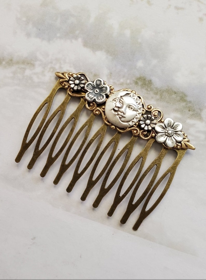 Moon Haircomb Fantasy Sun Accessory Antique Style Comb Flower Hairpiece Vintage Look Hair Pin Man in the Moon Celestial Gift image 1