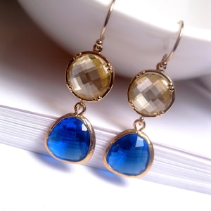 Blaue Ohrringe - Blau Gold Ohrringe - Glas Ohrringe - Klare Kristall Ohrringe - Kreis - Tropfen - Doppel Tropfen Ohrringe
