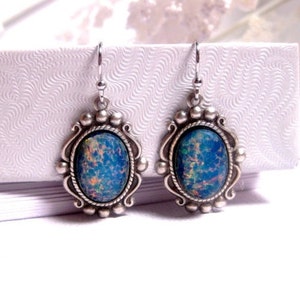 Opal Earrings Blue Silver Dangle Drop Fancy Victorian Style image 1