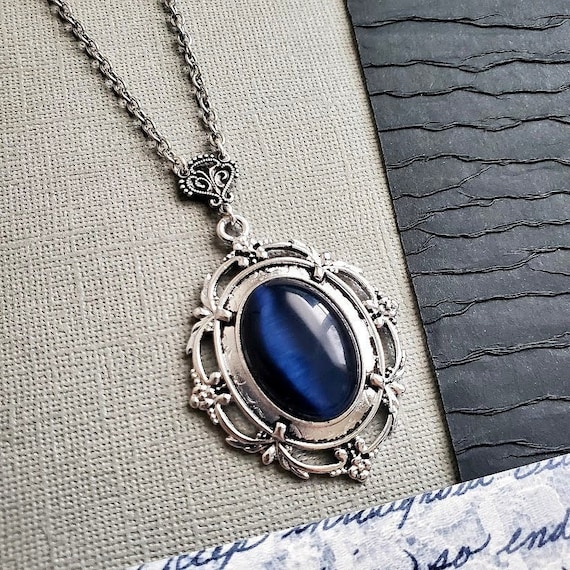 Dark Blue Opal Victorian Pendant Necklace Rich Cats Eye Stone Ocean Bottom Titanic EA734