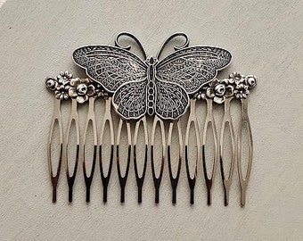 Peine de mariposa de plata / peine de pelo de novia antiguo / peine de flor de fantasía / joyería de pelo de cosplay / peine de naturaleza floral / regalo para ella