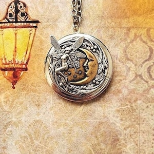 Fairy Moon  Locket - Celestial Photo Picture Necklace - Enchantment Magical Dream Whimsical Round Pendant
