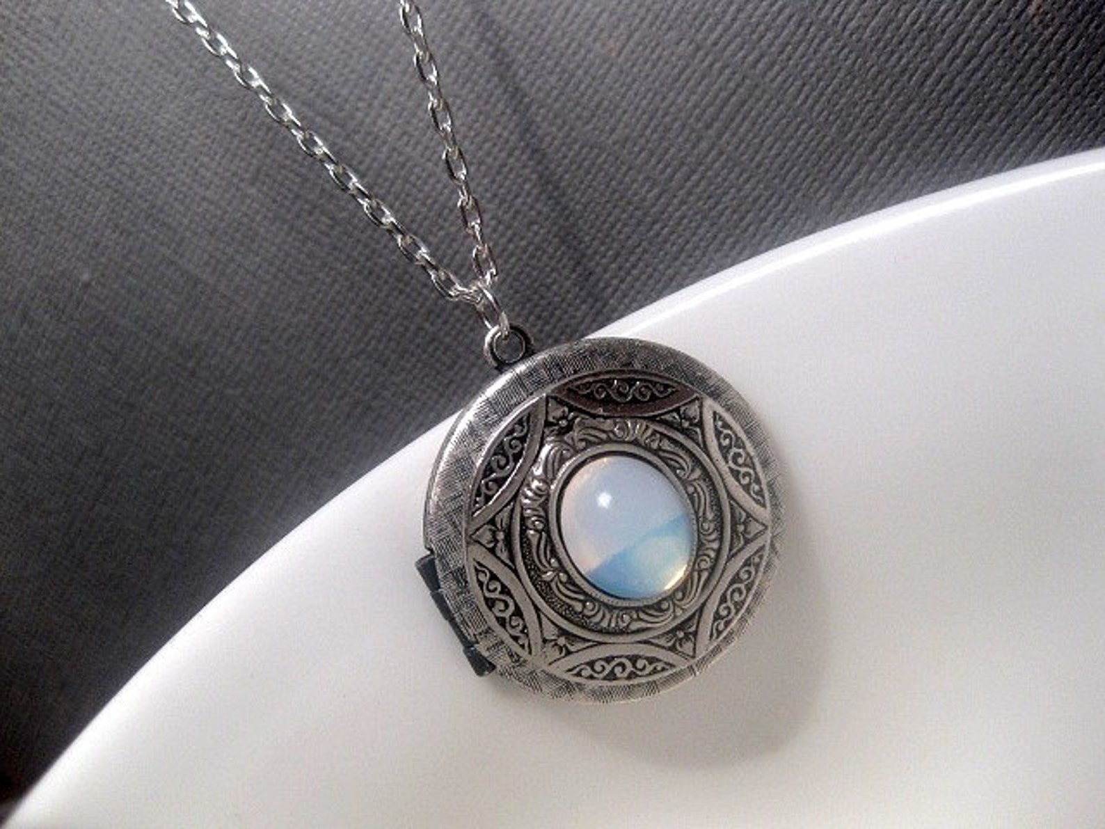 Locket Blue Opal Necklace Opal Locket Cabochon Locket Etsy