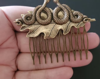 Double Snake Hair Comb | Bronze Oak Leaf Hairpiece | Herpetology | Serpent Hair Accessories | Steampunk |Hair Adornment Reptile Lover