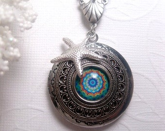 Silver Starfish Kaleidoscope Locket - Turquoise - Pattern Image Necklace - Beach - Photo