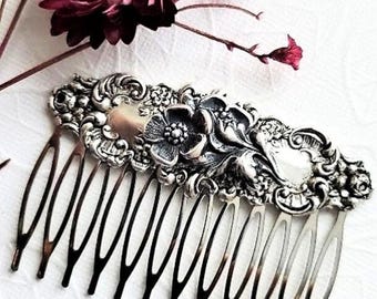Antique Look Hair Comb | Vintage Silver Flower Comb | Bridal Nature | Goddess Hair Comb | Silver Bun Holder Comb | Antique Style