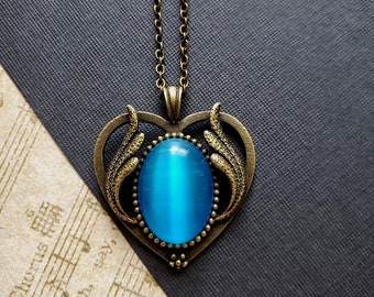 Blue Opal Necklace Heart Antique Bronze Aquamarine Blue Cats Eye Stone Flames Ablaze Vintage Style Hestia Goddess EA706