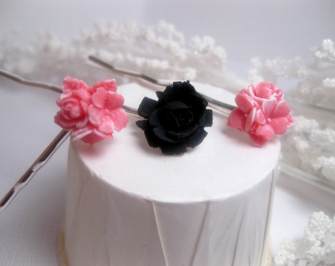 Black Rose Pink Flower Bobby Pins Hair Pin Etsy