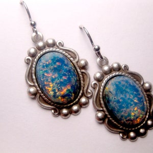 Opal Earrings Blue Silver Dangle Drop Fancy Victorian Style image 2