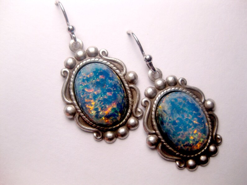 Opal Earrings Blue Silver Dangle Drop Fancy Victorian Style image 2