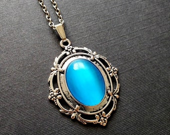 Silver Victorian Necklace Aquamarine Blue Cats Eye Fantasy Gemstone Pendant Sky Moon Glacier Lake Girl Jewelry Gift