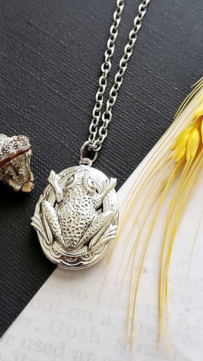 Silver Oval Locket Frog Necklace Animal Pendant Wetland Leaf Picture Hold Jewelry Charming Emerald Cute Toad Locket Large Oval image 4